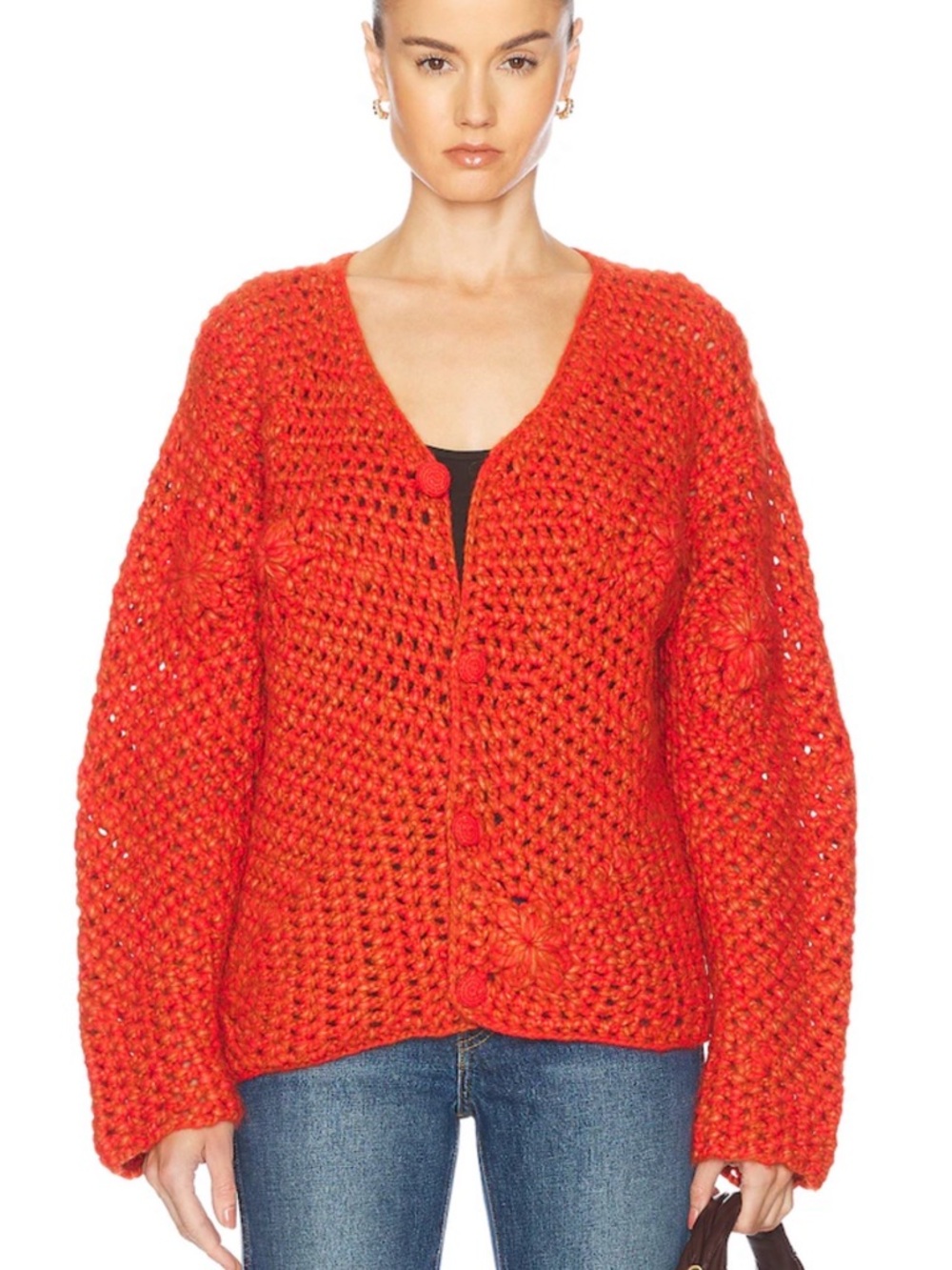 The Elder Statesman Crochet Boxy Cardigan in Persimmon & Tango red XS/S Alpaca